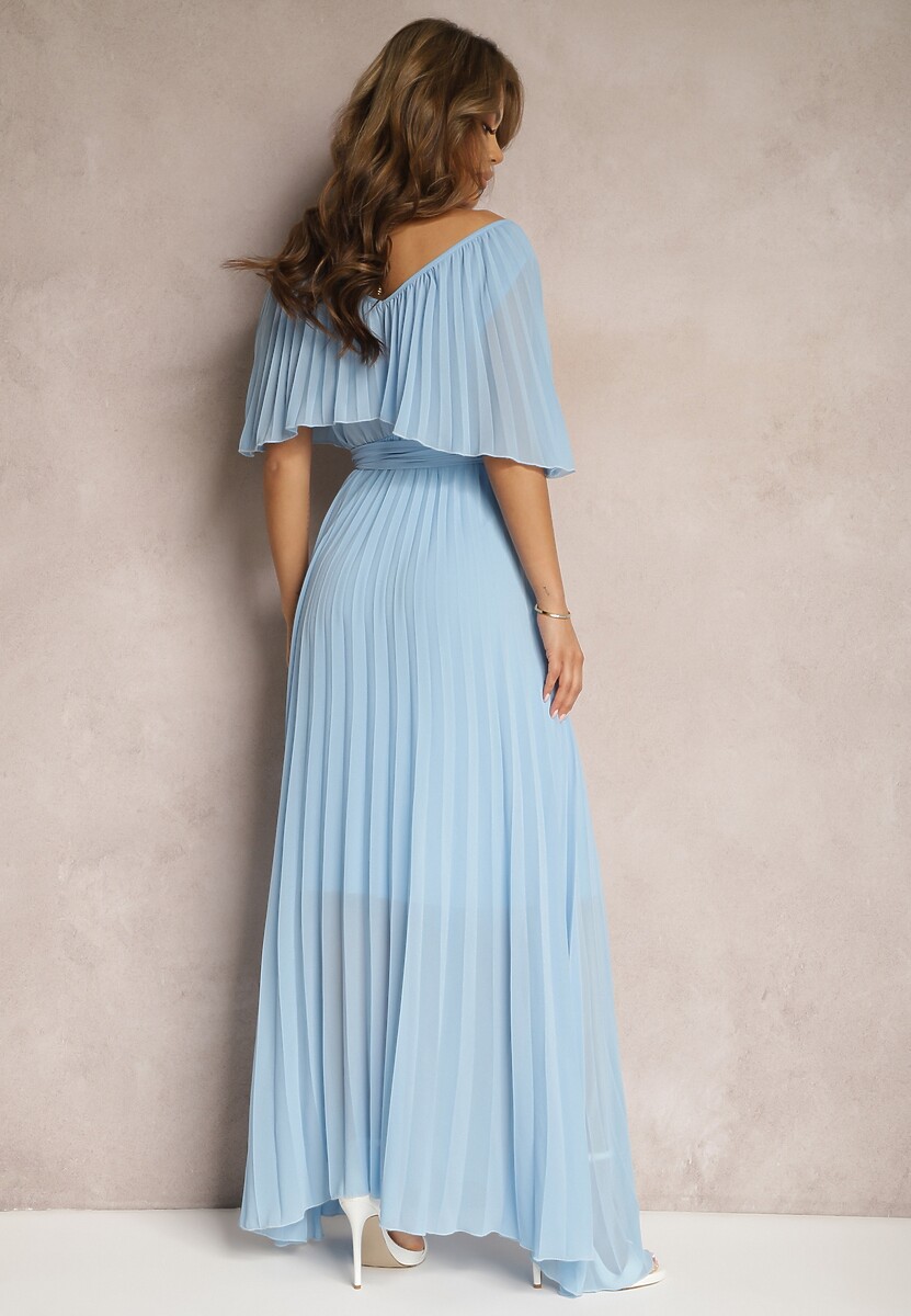 Niebieska Plisowana Sukienka z Gumką w Pasie z Falbaną Przy Dekolcie Drenia
