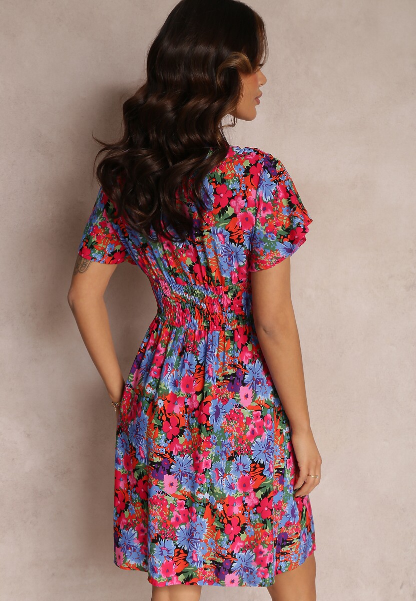 Różowo-Niebieska Krótka Sukienka w Kwiaty z Szeroką Gumką w Pasie Meles