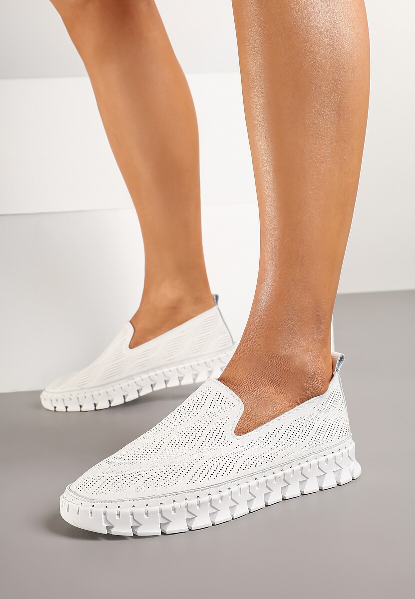 Białe Tenisówki ze Skóry Naturalnej Zdobione Perforacją Gonessea