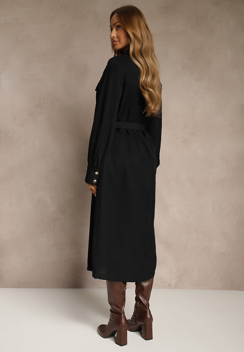 Czarna Koszulowa Sukienka z Wiskozy z Paskiem z Klamrą i Kieszeniami Lisandrila