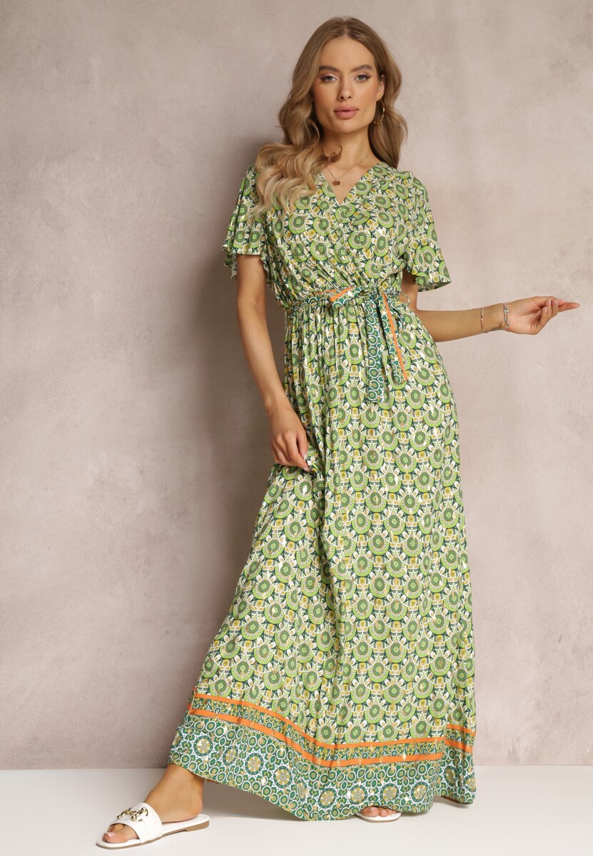 Zielona Sukienka Maxi z Paskiem i Gumką w Talii w Ornamentalny Wzór Calvim