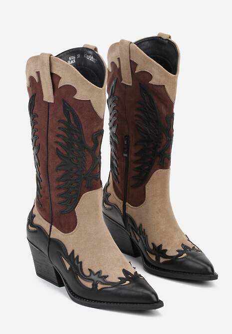 Czarne Botki Kowbojki na Stożku z Tłoczoną Cholewką Badilora