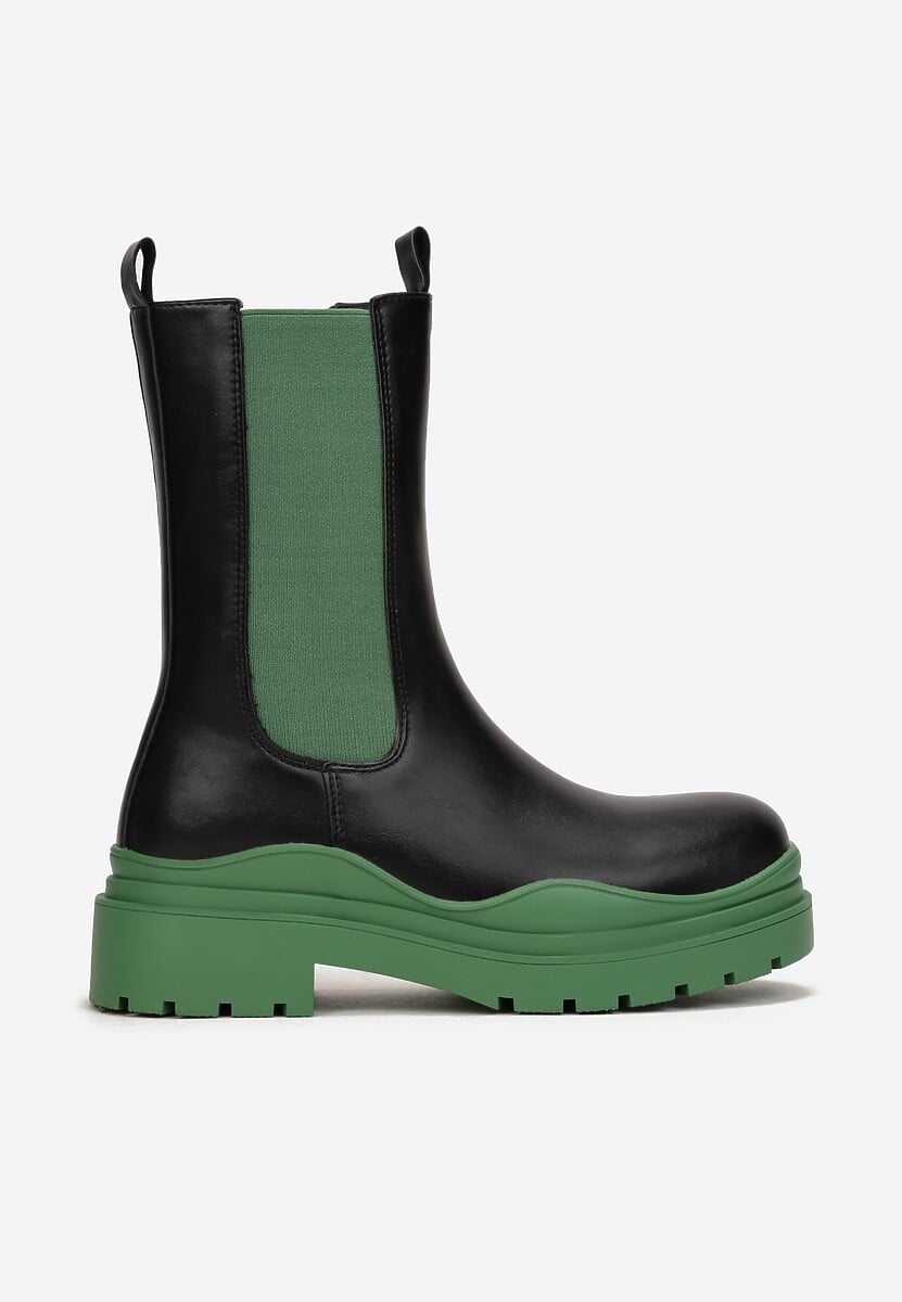 Czarno-Zielone Botki Sztyblety z Kolorowymi Wstawkami i Podeszwą Balke