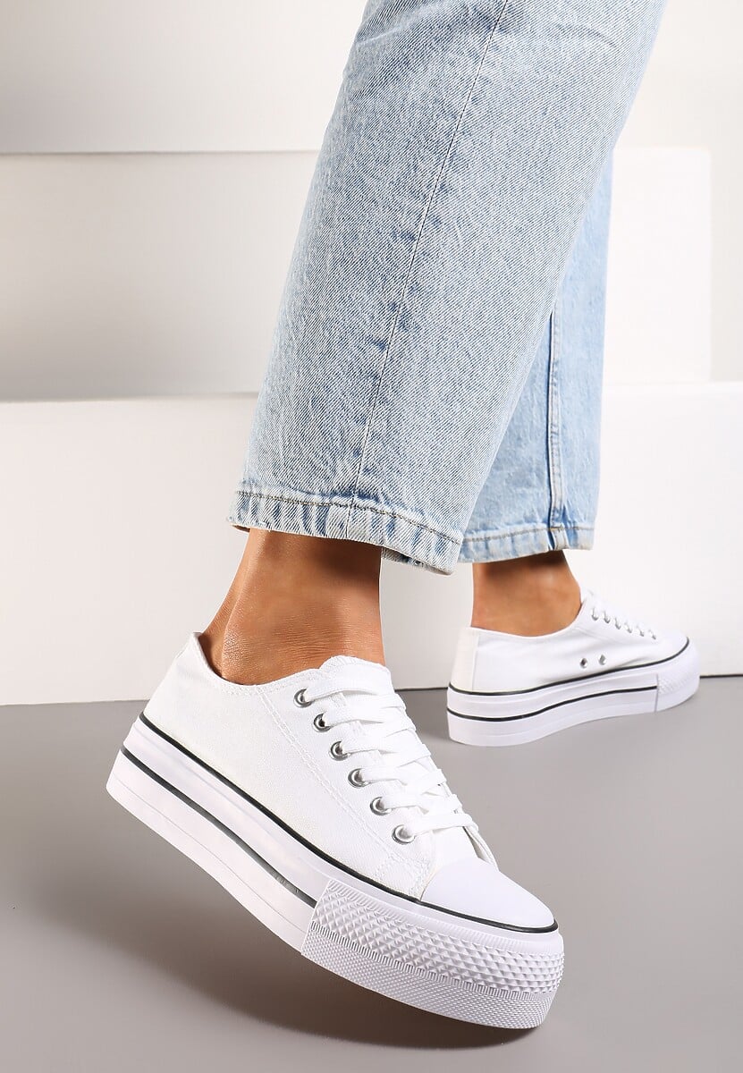 Białe Klasyczne Trampki przed Kostkę na Grubej Podeszwie Lindeheta