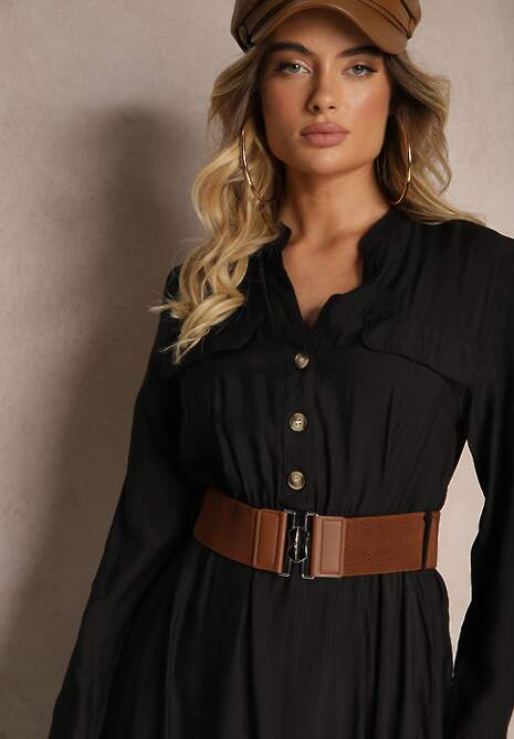 Czarna Koszulowa Sukienka o Rozkloszowanym Kroju z Paskiem i Gumką Zinfretta