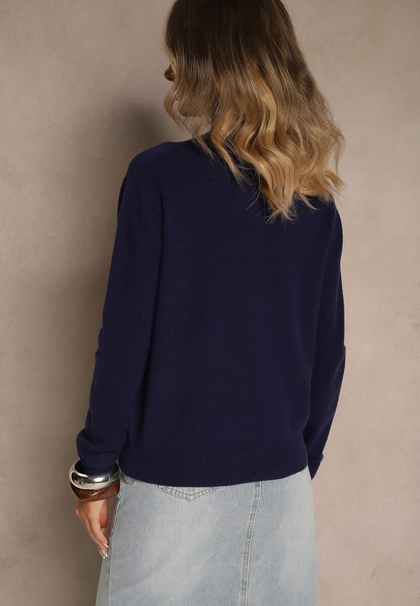Granatowy Gładki Sweter z Półgolfem z Dzianiny z Wełną i Wiskozą Zaiara