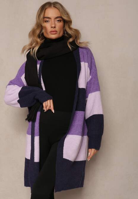 Fioletowy Luźny Kardigan Niezapinany w Paski Blikoze