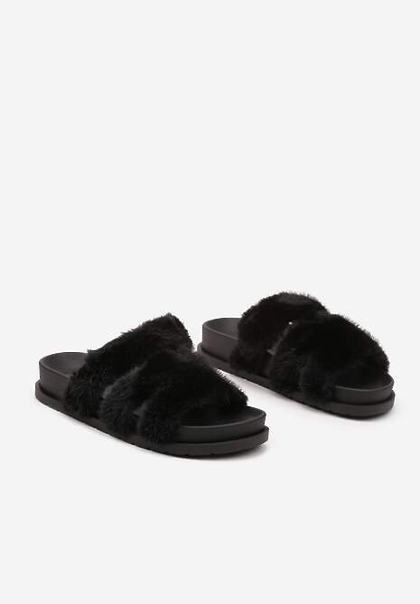 Czarne Futrzane Klapki na Podeszwie z Pianki Balinea