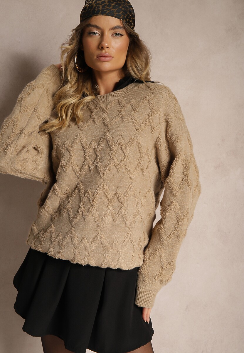 Ciemnobeżowy Luźny Sweter o Pudełkowym Kroju i Tłoczonym Splocie ze Ściągaczami Elomara