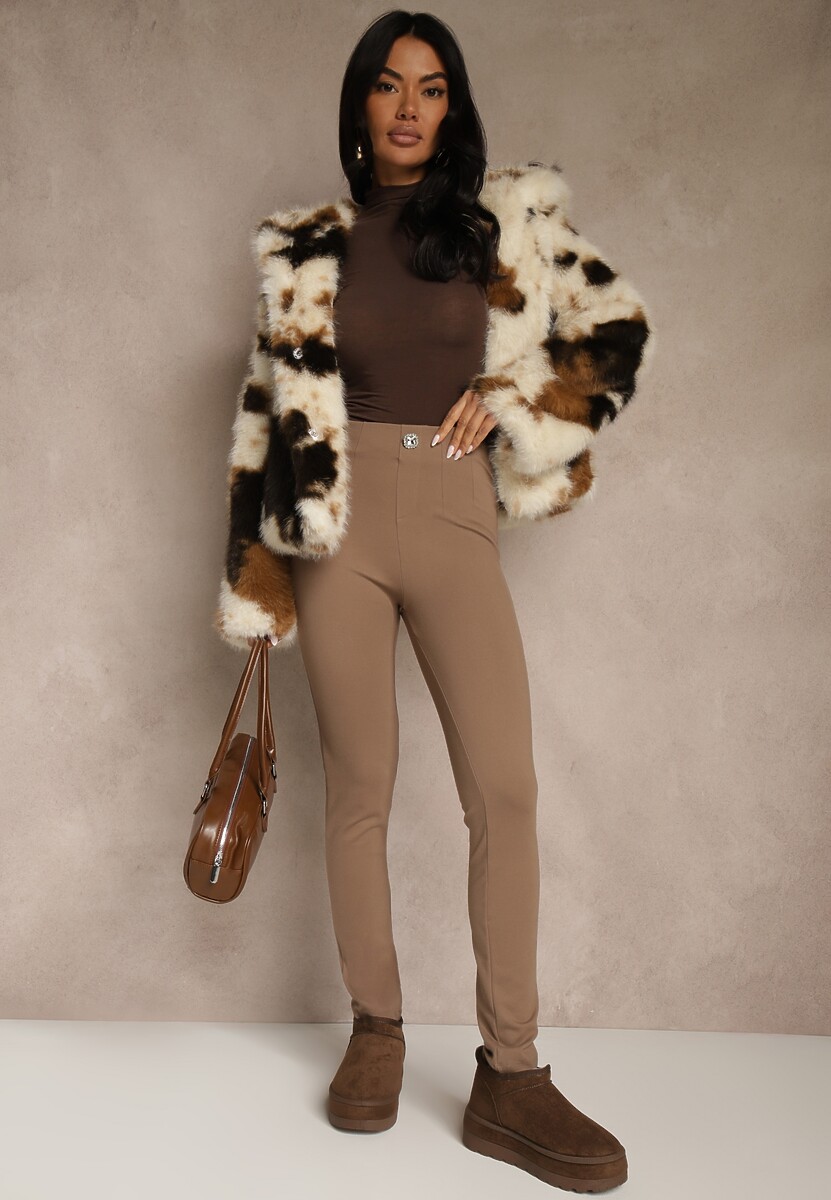 Ciemnobeżowe Legginsy High Waist z Wiskozą z Cyrkoniowym Guzikiem Naliselle