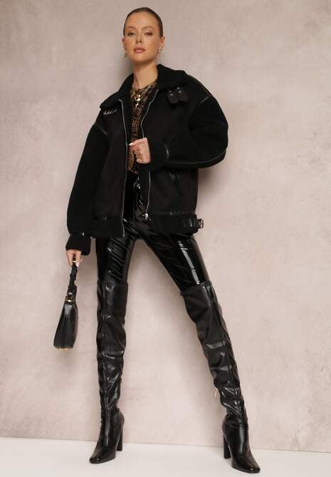 Czarna Kurtka Pilotka ze Sztucznym Barankowym Futerkiem Phaerehe