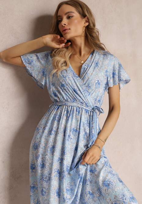 Niebieska Wiskozowa Sukienka z Metalicznym Wzorem i Gumką w Pasie Carinalia