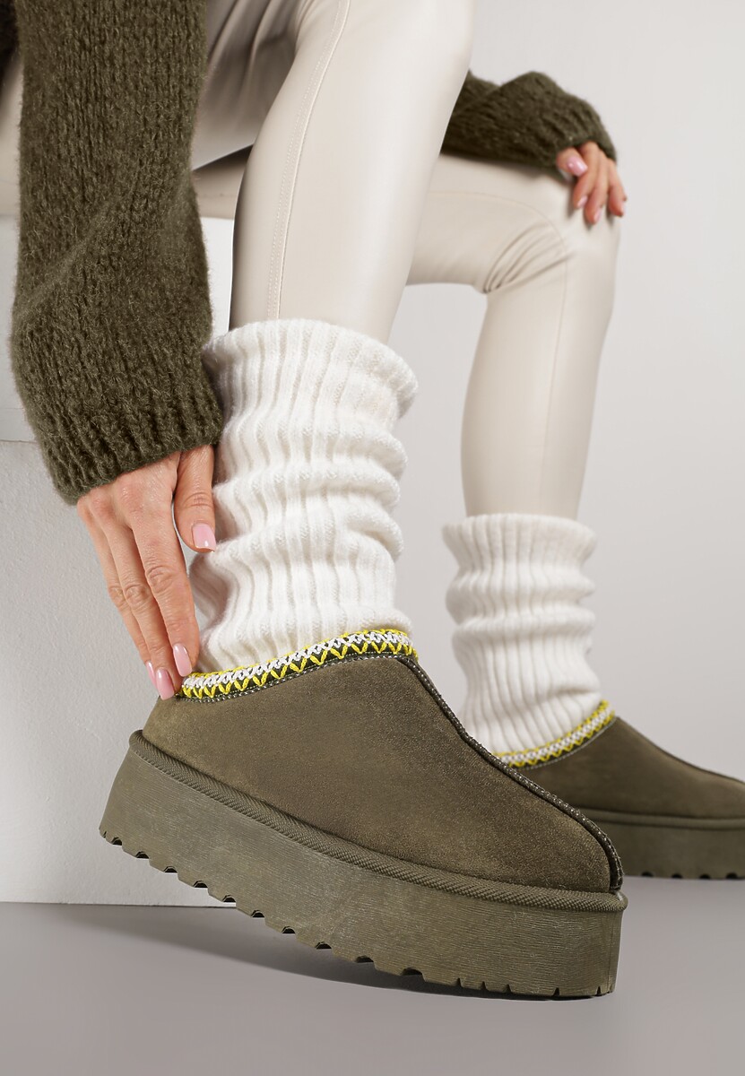 Beżowe Śniegowce na Platformie z Niską Cholewką i Haftowanym Wzorem Zivilae