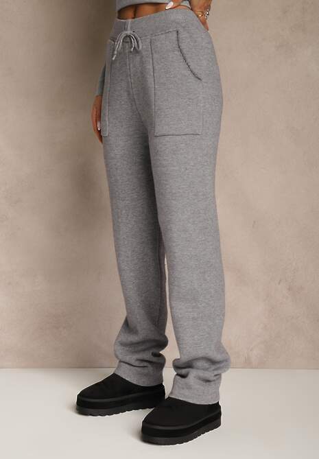 Szare Spodnie z Wełną ze Sznurkiem i Ozdobnymi Kieszeniami Moneressa