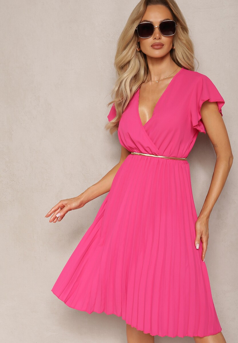 Biała Midi Sukienka o Rozkloszowanym Fasonie z Kopertowym Dekoltem i Plisami Axanntia