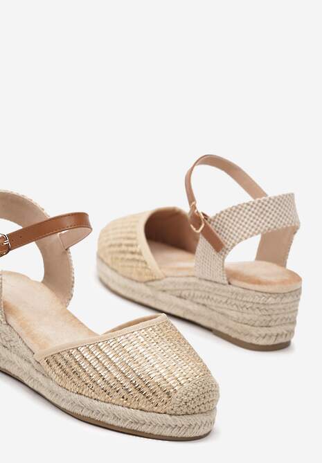Złote Sandały Espadryle Udekorowane Plecionką na Koturnie i Nosku Suniva