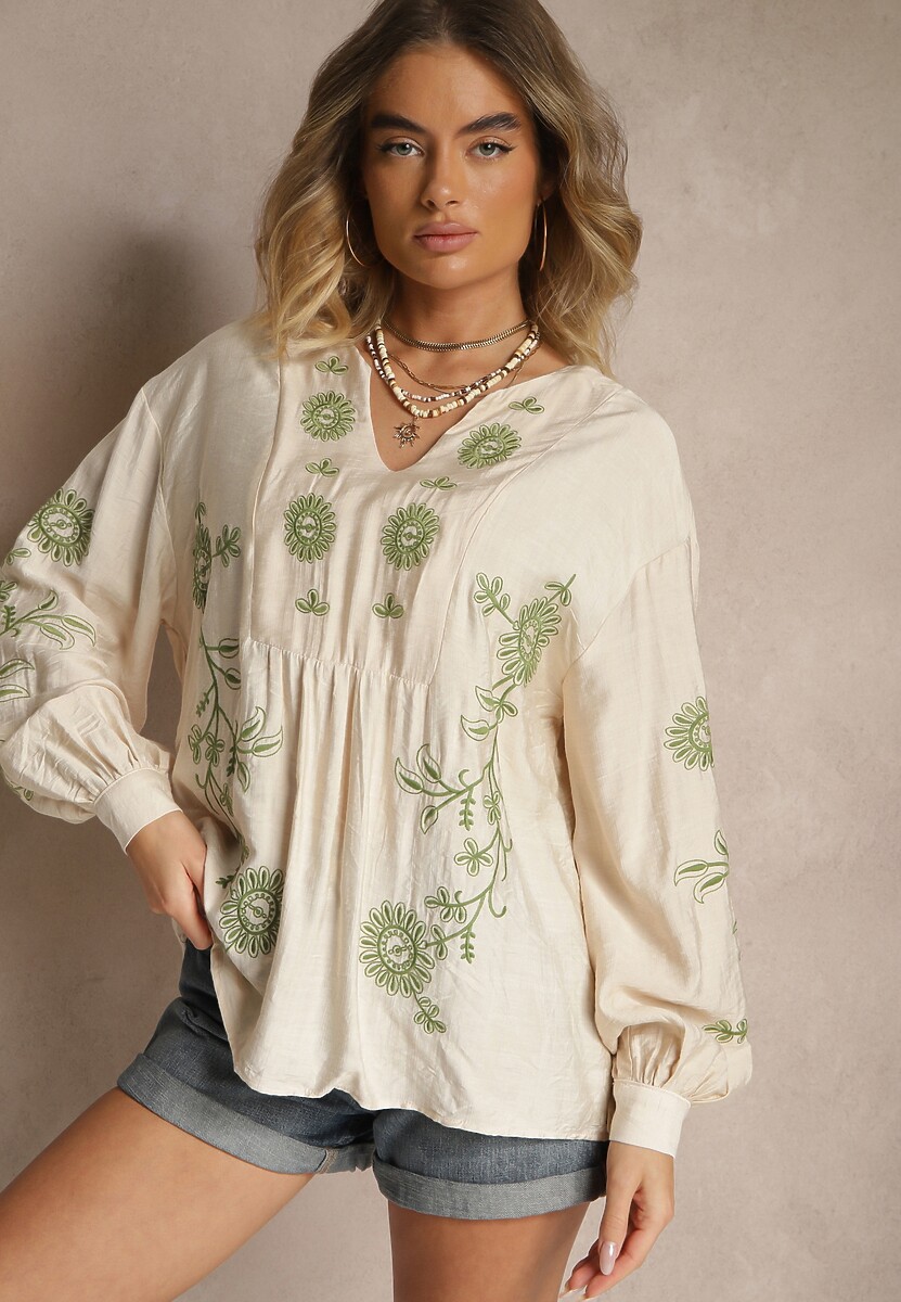 Beżowa Bluzka z Wiskozą i Haftowanym Wzorem Novalisse