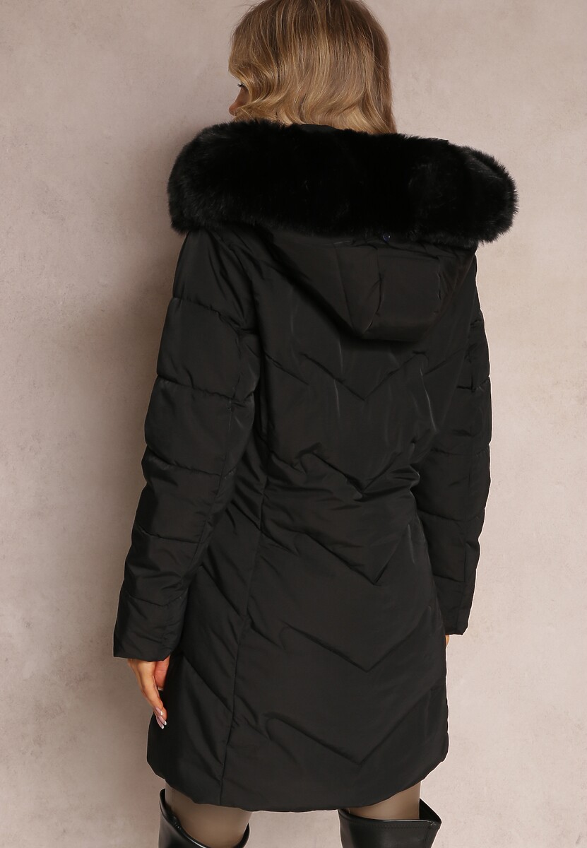 Czarna Pikowana Kurtka przed Kolano z Kapturem i Futerkiem Persepia