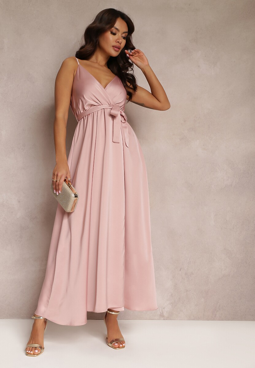 Jasnoróżowa Koktajlowa Sukienka z Gumką w Pasie na Regulowanych Ramiączkach Anajane