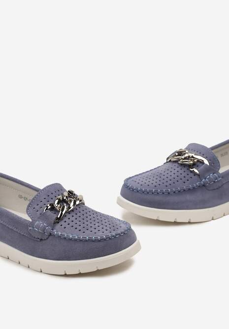 Niebieskie Mokasyny Ozdobione Łańcuszkiem i Perforacja z Wkładką ze Skóry Naturalnej Vecera