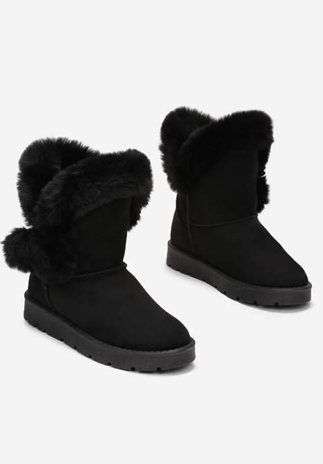 Czarne Śniegowce z Futerkiem i Pomponami Teido