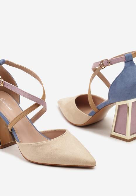 Beżowe Czółenka na Obcasie w Kształcie Stożka z Metalowym Obramowaniem Haslia