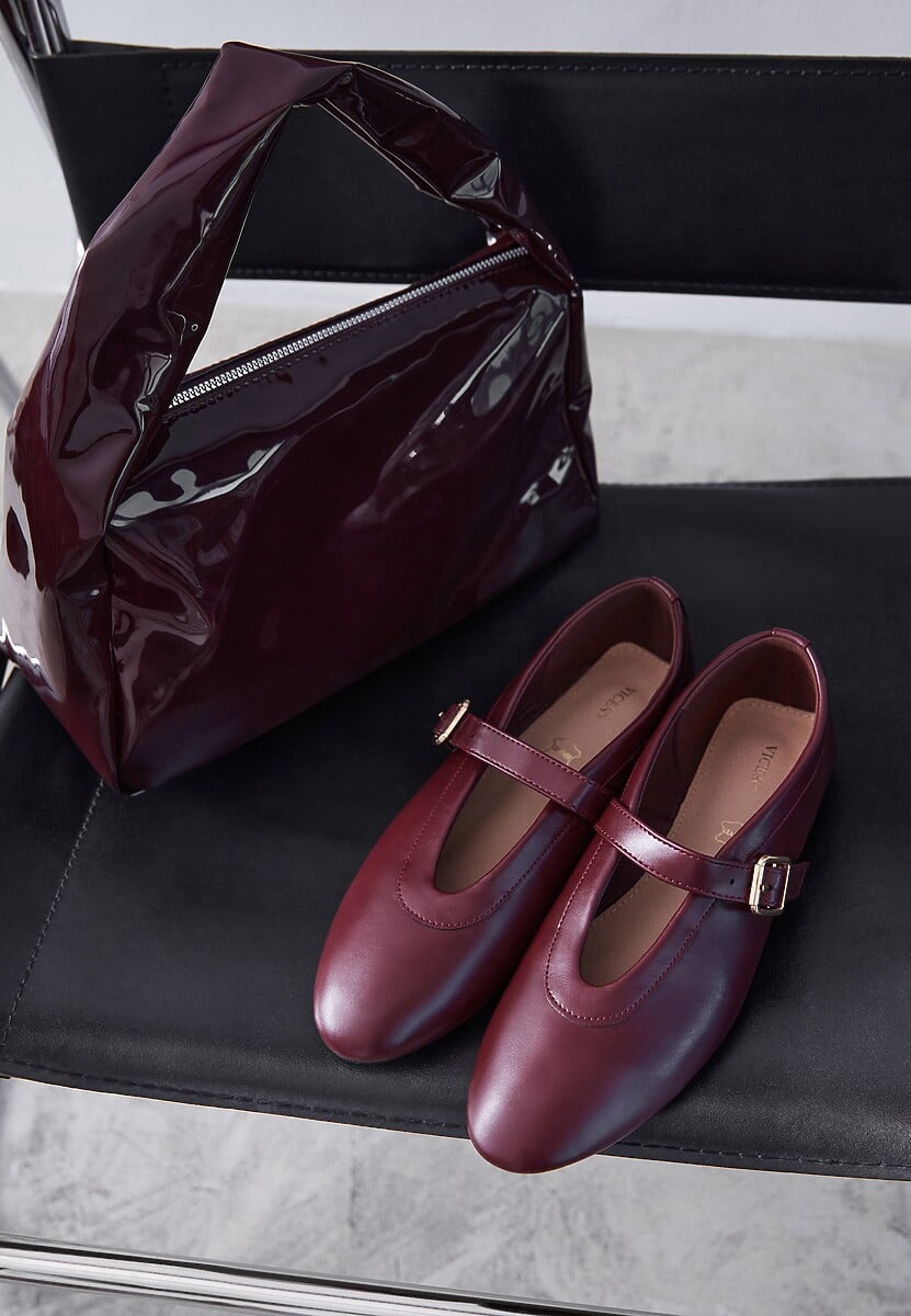 Bordowe Balerinki Vices w Stylu Mary Jane z Klamerką i Skórzaną Wkładką Dimaline