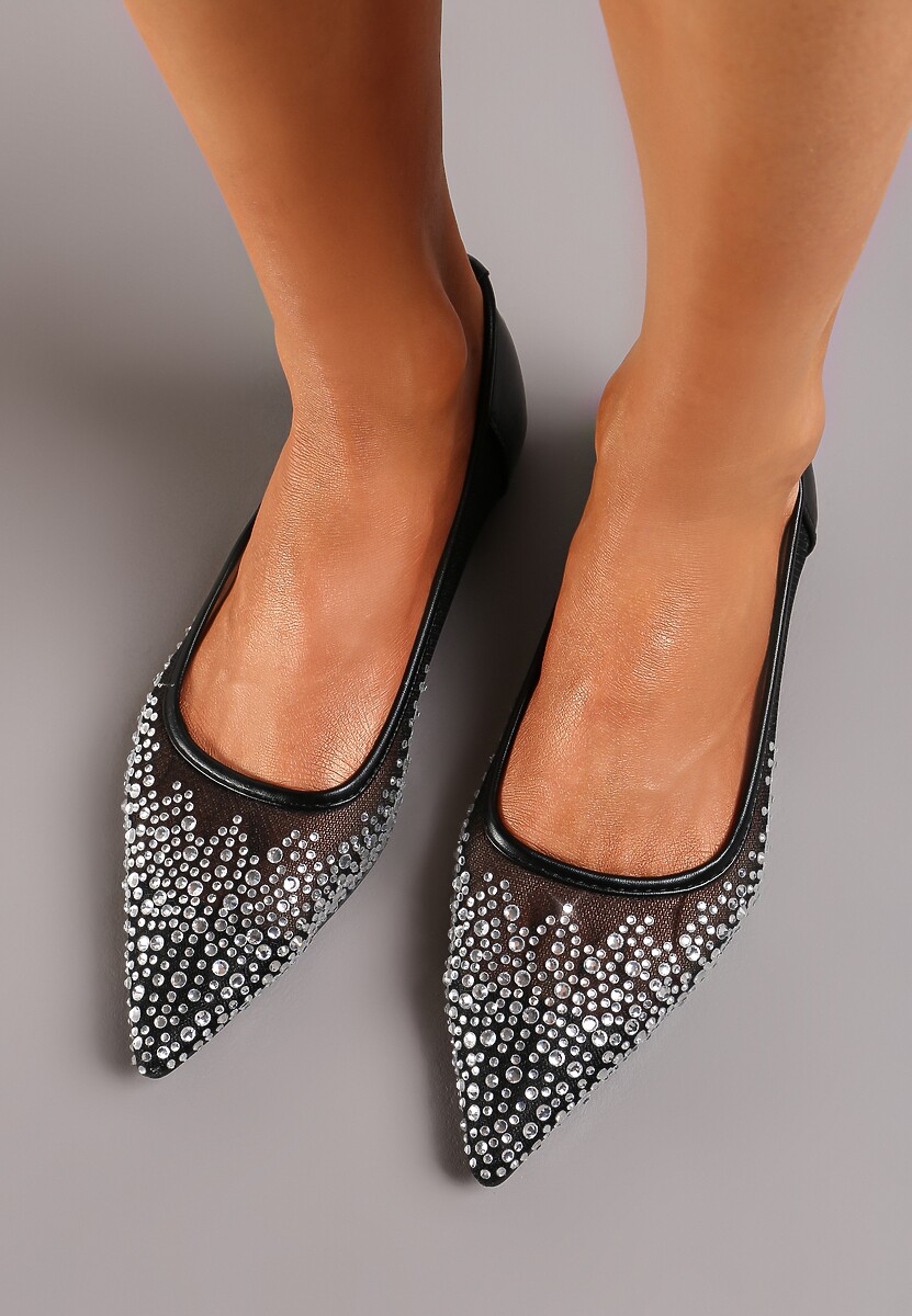 Czarne Balerinki z Siateczki z Noskiem w Szpic i Cyrkoniami Rascadia