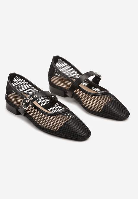 Czarne Czółenka w Stylu Balerinek na Niskim Słupku z Siateczki Zapinane na Pasek ze Sprzączką Elasiela