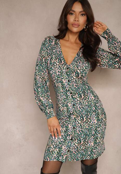 Zielona Wzorzysta Sukienka Mini z Głębokim Dekoltem i Mankietami Leossa