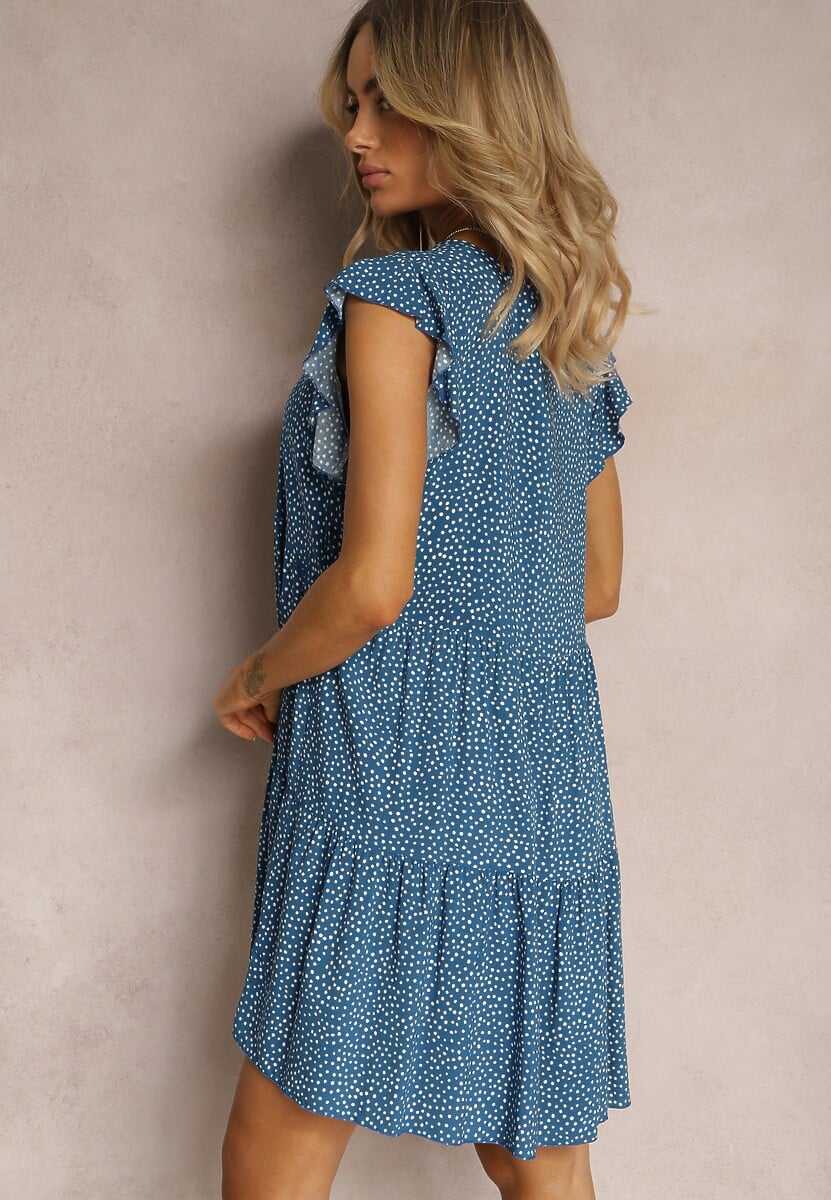 Niebieska Rozkloszowana Sukienka z Bawełny w Kropki z Trójkątnym Dekoltem Riessa