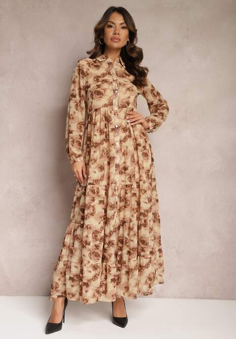 Beżowa Rozkloszowana Sukienka Koszulowa Maxi w Kwiaty Nersa