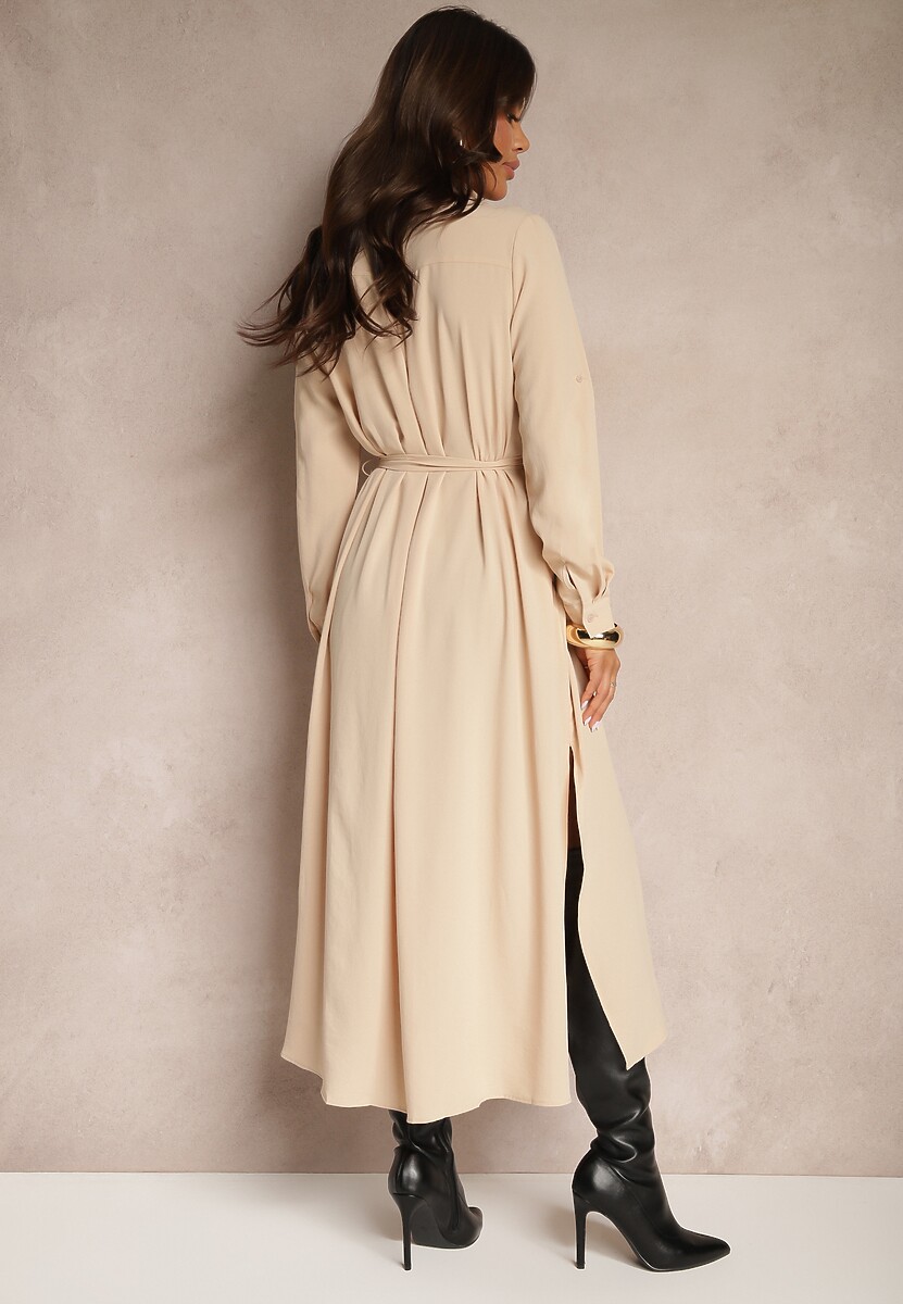 Beżowa Casualowa Sukienka Koszulowa na Guziki z Kieszeniami Jezebel