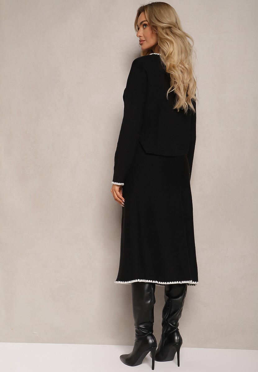 Czarny Komplet z Wiskozą Spódnica z Guzikami Sweter Ozdobiony Kieszonkami Melotha