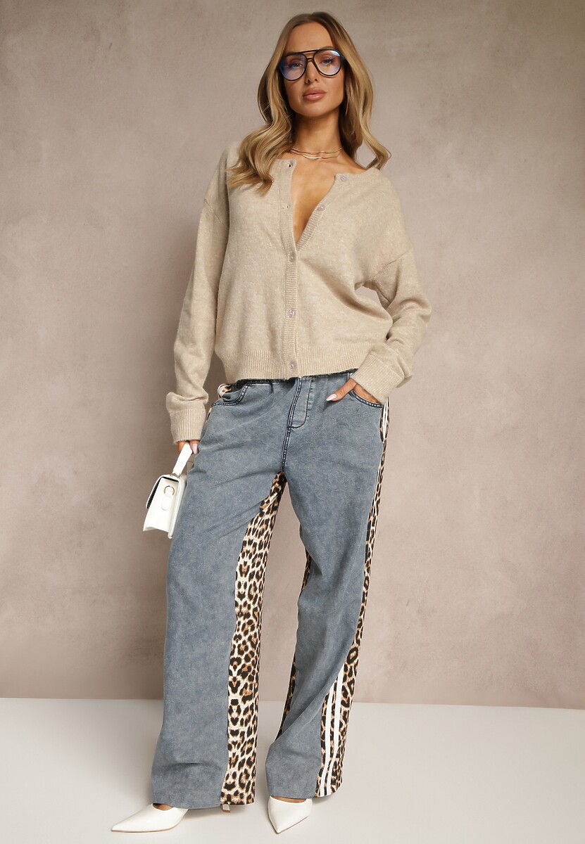 Beżowy Klasyczny Kardigan z Zaokrąglonym Dekoltem Reonira