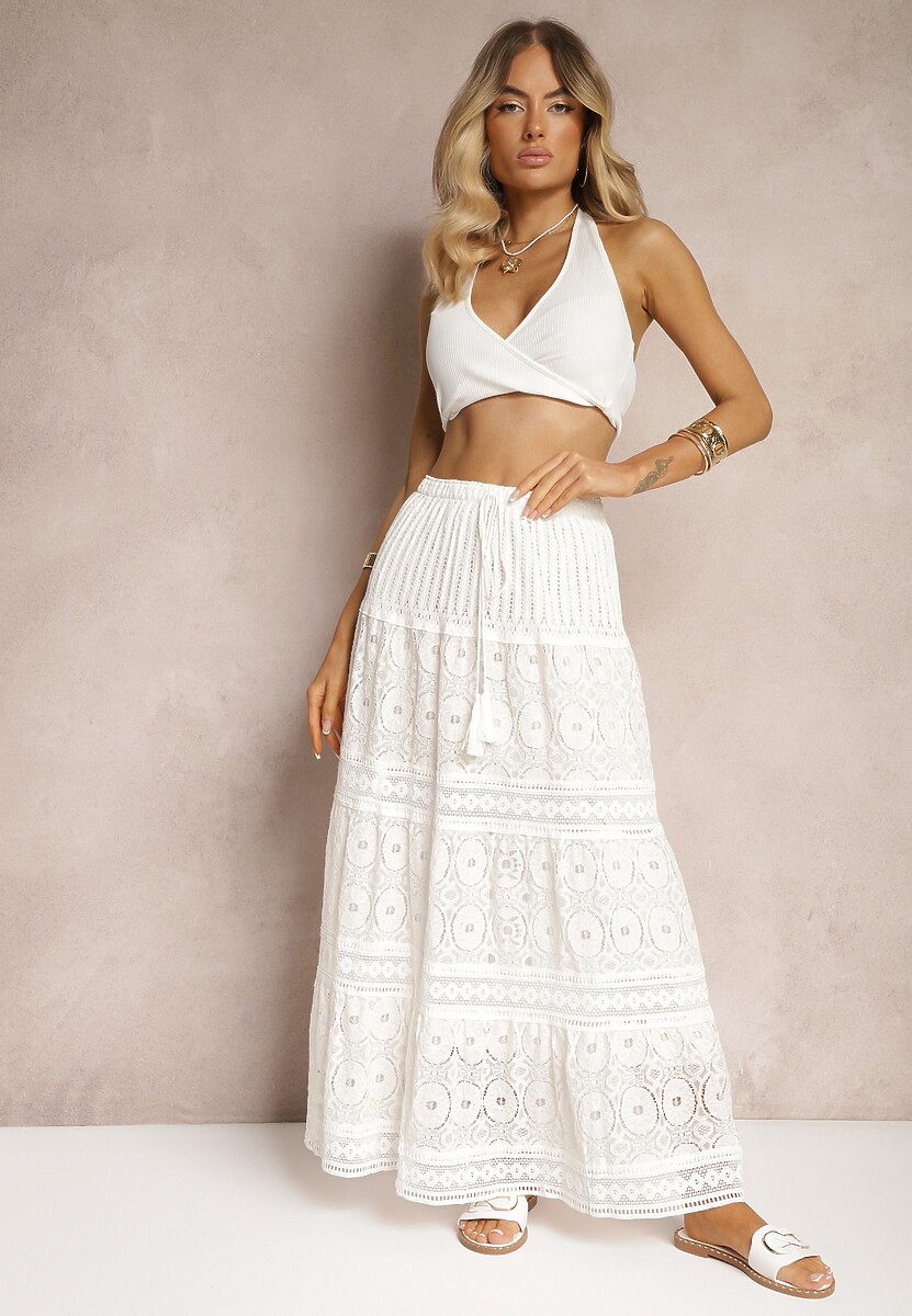 Biała Spódnica Maxi z Gumką w Pasie i Koronkowymi Wstawkami Brayle