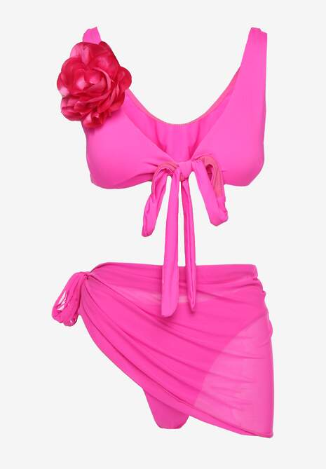 Różowe Bikini Majtki Figi Biustonosz z Broszką Kwiatu 3D i Siateczkowe Pareo Folissa