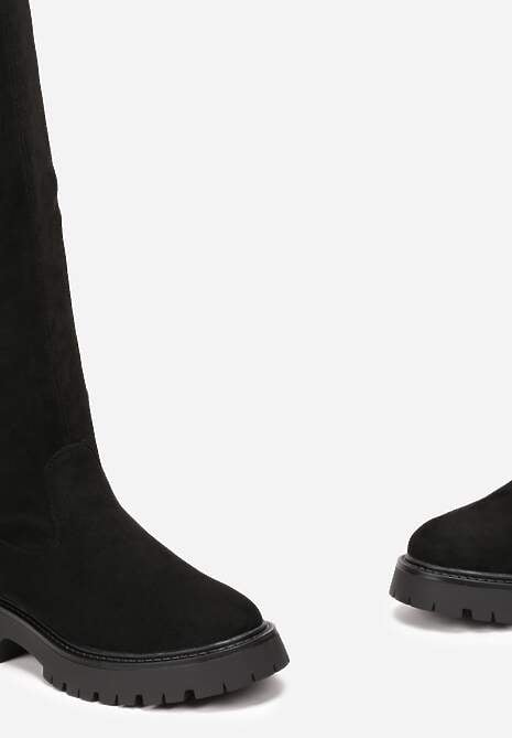 Czarne Kozaki za Kolano na Grubej Podeszwie z Protektorem Ludra