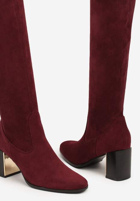 Bordowe Długie Kozaki za Kolano z Imitacji Zamszu na Metalicznym Obcasie Terephne