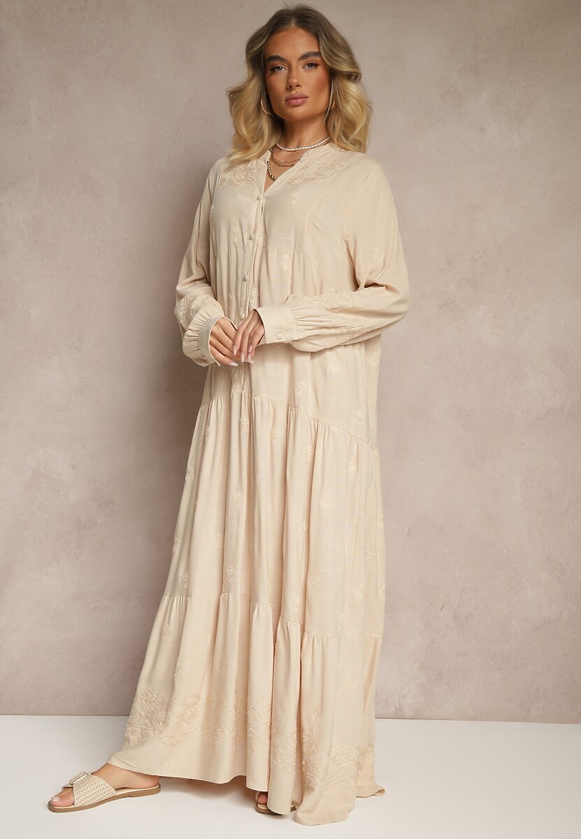 Beżowa Rozkloszowana Sukienka Ozdobiona Haftem i Wzorem Boho Ronavere