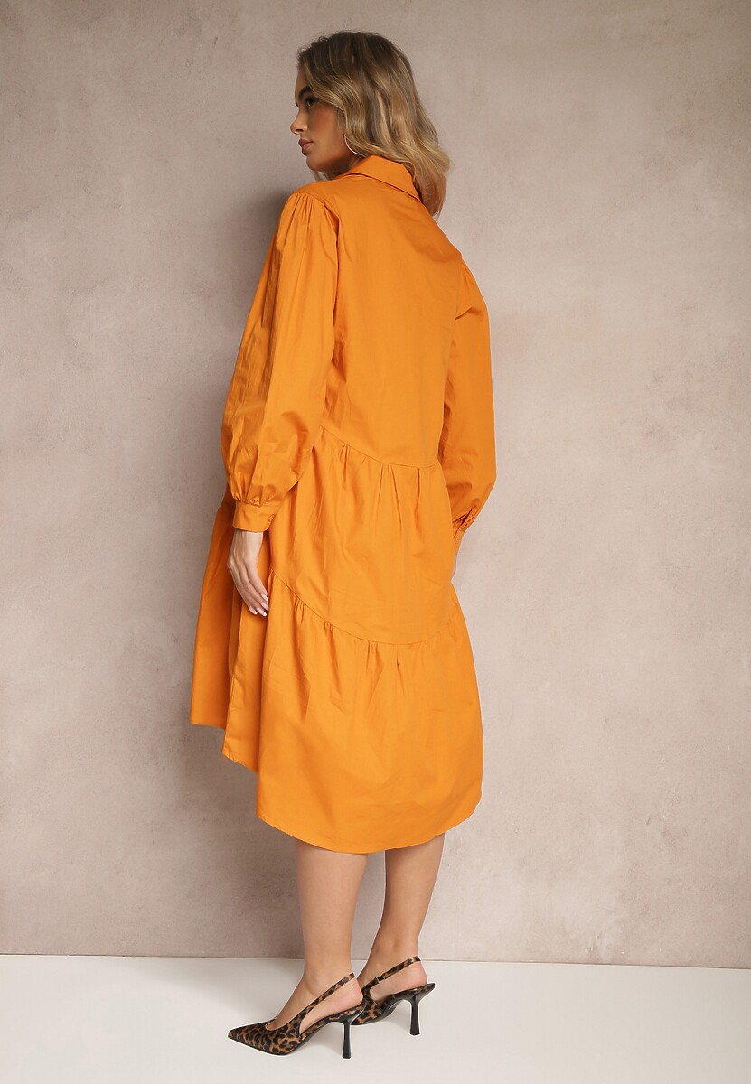 Pomarańczowa Rozkloszowana Sukienka Koszulowa z Bawełny Paniell