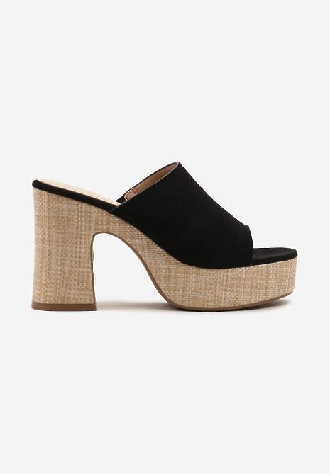 Czarne Klapki na Platformie i Słupku z Szerokim Paskiem Blinna