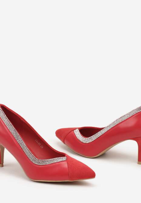 Czerwone Czółenka na Niskim Obcasie z Cyrkoniami i Wstawką z Ekozamszu Kaiven