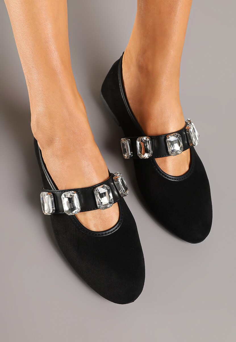 Czarne Balerinki z Elastycznym Paskiem z Biżuteryjnym Zdobieniem Tuledis