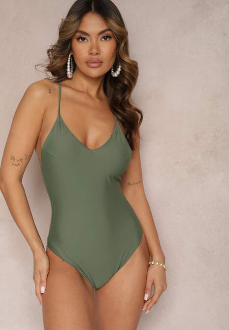 Ciemnozielony Jednoczęściowy Strój Kąpielowy z Ozdobnym Wiązaniem na Plecach Bosiara