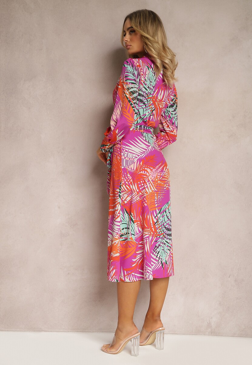 Fioletowo-Beżowa Sukienka z Kopertowym Wiązaniem i Materiałowym Paskiem Adnila