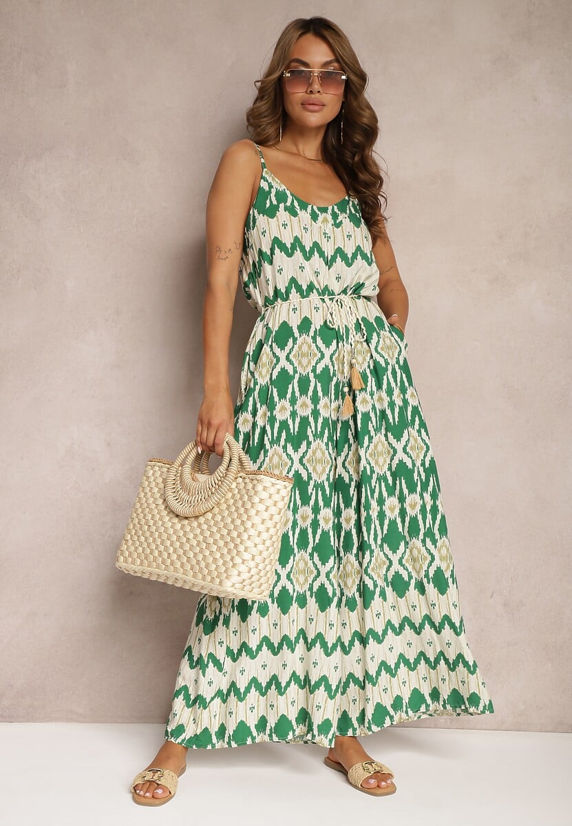 Czarno-Biały Kombinezon z Wiskozy na Cienkich Ramiączkach o Geometrycznym Wzorze z Paskiem Vikine