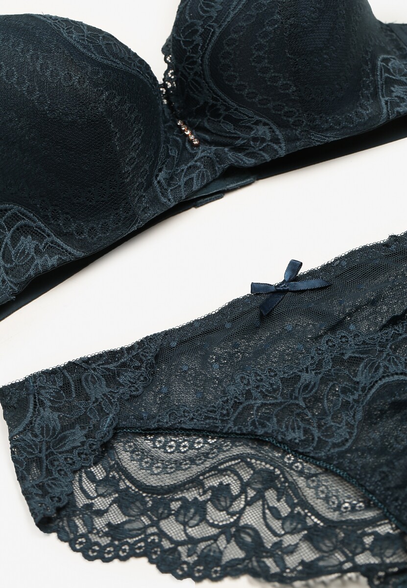 Ciemnozielony Komplet Koronkowy z Kokardkami Majtki typu Figi i Biustonosz Full Cup Iriniues