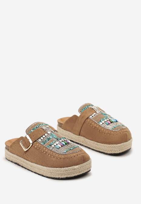 Ciemnobeżowe Klapki Oplecione Jutą z Cyrkoniami z Koralikami i Paskiem Opaque