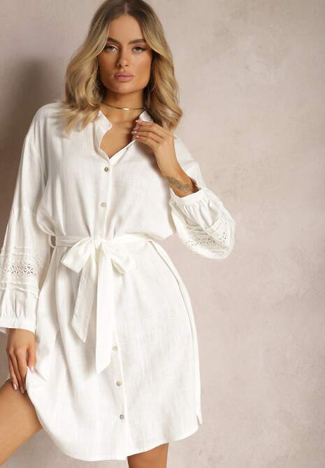 Biała Sukienka Koszula z Haftowanym Rękawem Wiązana w Pasie Passacalia